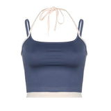 YESMYTOOL  - Streetwear Skinny Strap Halter Summer Camis Tops Patched Casual Basic Women Crop Top Short All-Match Sporty Outfits