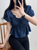 YESMYTOOL  -  Summer Women Vintage Sweet Blue Ruffle Edge Pleated Lace-up Denim Tops Streetwear Korean Fashion Short Sleeve Jean T-shirt Trend