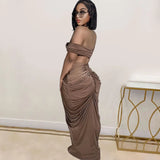 YESMYTOOL  -  Maxi Long Skirts 2024 Sexy Party Two 2 Piece Sets Outfits Stacked Ruched Women's Set Off Shoulder Crop Top and Low Waist