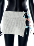 YESMYTOOL  -  Knitted Mini Skirt Women Stitching Contrast Bow Lacing Up Hollow Out Slim Hip Wrap Short Skirt Y2K Sweet Hottie Outfit