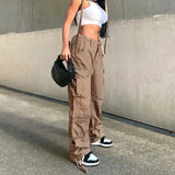 YESMYTOOL  -  Women's Straight Cargo Pants Y2k Punk 2024 Autumn Fashion Soild High Waist Loose Fit Wide Leg Trousers Vintage Jeans Streetwear