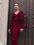 YESMYTOOL  -  Elegant Ancora Red Knitted Bodycon Maxi Dresses Women V Neck Single Breasted High Waist Dress New Autumn Lady Commute Party Robe