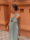 YESMYTOOL  -  Elegant One Shoulder Pleated Maxi Dress Women Backless Sleeveless Slim Long Robes 2024 New Fashion Lady High Street Vestidos