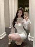 YESMYTOOL  -  Korean White Lace Slim Sexy Mini Dress Black Elegant Long Sleeve A-line Women French Fashion Fairy Holiday Wrap Hip Short Dress