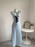 YESMYTOOL  -   maxi dress blue Ruffled chiffon straps velvet bow sexy party dresses new blackess summer dress elegant female