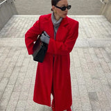 YESMYTOOL -  Fall Outfits 2024 Red Woolen Long Coats Women Elegant Lapel Full Sleeve Single Button Loose Tops 2024 Autumn New Lady Solid High Street Outwear