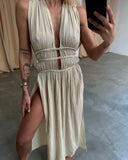 YESMYTOOL  -  Holiday Bohemian Linen Blend Maxi Dress for Women Fashion Sleeveless Braid Belt Dress Summer Hollow Out Beach Party Dress