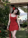 YESMYTOOL  -  Summer Red Dress Irregular Short Dresses For Women’s 2024 New Formal Seaside Holiday Elegant Female Korean Fashion Party Dresses