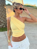 YESMYTOOL  -  Yellow Tank Tops Women's Summer One Shoulder Sleeveless Short T-shirt Y2K Streetwear 2024 Fashion Diagonal Collar Slim Crop Top