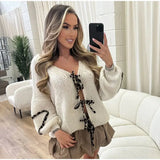 YESMYTOOL -  Fall Outfits 2024 Leopard Lace Up Cardigans Women Loose Long Lantern Sleeve V-neck Heart Print Patchwork Sweater 2024 Autumn Solid Female Knitwear