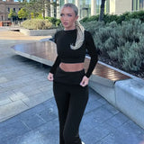 YESMYTOOL  -  Solid Sports Yoga Two Piece Set for Women  Autumn Long Sleeve Round Neck Slim Fit Crop Top Causal Flare Pants Streetwear