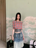 YESMYTOOL  -  Gothic Patchwork Plaid Tank Tops Sleeveless Tshirts Irregular Off Shoulder T Shirt Women Clothes 2024 Summer Tops Y2k