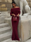 YESMYTOOL  -  Women Off Shoulder Half Sleeves Maxi Dresses Elegant Dark Red Strapless Slim Knitted Long Dress New Sexy Lady Night Party Robes