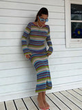 YESMYTOOL  -  Colorful Knitted Women Dresses O Neck Stripe Rainbow Female Dress 2024 Fashion Long Sleeve Backless Casual Elegant Lady Vestidos