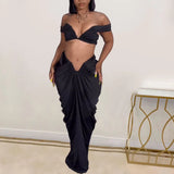 YESMYTOOL  -  Maxi Long Skirts 2024 Sexy Party Two 2 Piece Sets Outfits Stacked Ruched Women's Set Off Shoulder Crop Top and Low Waist