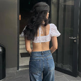 YESMYTOOL -  Fall Outfits 2024 Women Trendy Jacquard Eyelet Crop Tops Kawaii Bubble Sleeve Blouse Tees Y2k Girl Music Club Party Sexy Backless Tie Up T-shirt