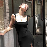 YESMYTOOL  -  Cross Border 2024 Summer New Women's Clothing Perspective Suspender Slim Fit Long Skirt with Slit and Wave Edge Dress