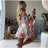 YESMYTOOL  -  Sexy Printed Hallow Out Strap Dress Women High Waist Sleeveless V-neck Female Mini Dresses 2024 Summer Party Lady Vestidos