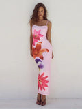 YESMYTOOL  -  Elegant Flower Printed Women Sling Maxi Dress Fashion Square Neck Sleeveless Backless Bodycon Dresses Summer Lady Beach Robes