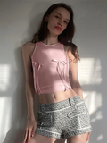 YESMYTOOL  -  Mesh Patchwork Satin Bows Crop Tank Top Women Crew Neck Sleeveless Slim Versatile Vest Hottie Sweet Pink Streetwear