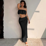 YESMYTOOL  -  Solid Strapless Backless Skirts Set Sexy Y2k One Line Shoulder Open Navel Small Top High Waist Wrapped Hip Skirt Suit