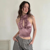 YESMYTOOL  -  Vintage Stain Ruffles Halter Tanks 2024 Summer Fashion Soild Lace Half High Collar Hollow Out  Crop Tops Party Club Streetwear