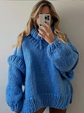 YESMYTOOL  -  Oversized Turtleneck Blue Knitted Pullover For Women Loose Long Lantern Sleeve Sweater Tops Autumn New Lady High Streetwear