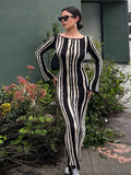 YESMYTOOL  -  Women Chic Striped Printed Knitted O-neck Dresses Elegant Contrasting Color Long Sleeve Bodycon Dress 2024 Lady Party Streetwear