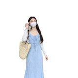 YESMYTOOL  -  Gentle Style Blue Floral Camisole Dress for Women in Summer 2024, New Slim Waisted and Ruffled Fishtail Long Skirt