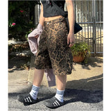 YESMYTOOL  -  Women's Shorts Jeans Leopard Print High Waist Straight Pants Streetwear Cargo Y2K Vintage Female Wide Leg Denim Shorts Pants