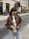 YESMYTOOL  -  Fashion Brown Short Woolen Jacket For Women Elegant Lapel Long Sleeves Zipper Cropped Coats Autumn Chic Lady High Street Outwear