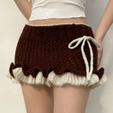 YESMYTOOL  -  y2k Aesthetic Brown Knitted Mini Skirt Bodycon Ruffles Tie Up Cute Women's Skirt Ruched Hottie Vintage Cloth Bottoms