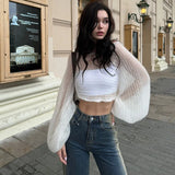 YESMYTOOL  -  Solid Loose Mool Hollow Out Thin Top Women's Round Neck Lantern Long Sleeve Sexy Exposed Navel Transparent Sweater