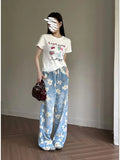 YESMYTOOL - Women's Graphic Print Jeans Vintage Cowboy Pants Aesthetic Harajuku Baggy Denim Y2k Oversize Trashy Japanese 2000s Style Clothes