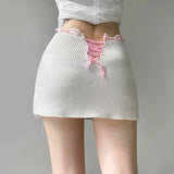 YESMYTOOL  -  Y2K Cute White Knitted Lace Trim Skinny Mini Skirt Women Sweet Retro Tie Up Summer Skirt Super Short Bow Coquette New