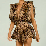 YESMYTOOL  - Leopard Print Mini Dress Women Sexy Deep V-neck Backless Beach Dresses Summer Sleeveless Chiffon Holiday Party Dress 2024 New