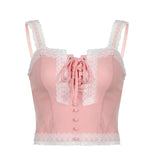 YESMYTOOL  -   Sweet Pink French Chic Corset Top Women Coquette Clothes Fashion Lace Spliced Sexy Party Tops Tank Y2K Tie Up Korean