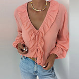 YESMYTOOL  -  Summer Sexy Ruffle V-neck Tie-Up Blouse Women Casual Lantern Long Sleeve Loose Tops 2024 Spring Fashion Splicing Cardigan Shirts