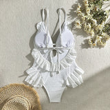 YESMYTOOL  -  Summer New White Body Suit One Piece Swimsuit Bikini For Women Sexy Deep V-Neck Backless Lace Patchwork Bodycon Outfits