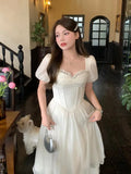 YESMYTOOL  -  Summer Vintage White Diamonds Midi Fairy Dress Women Short Sleeve Square Collar Elegant Birthday Party Pleated Evening Dresses