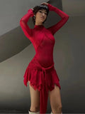 YESMYTOOL  -  Fashion Chic See-through Long Sleeve Bandage Short Dress Streetwear Y2K Women's Tie Knot Folds Irregular Mini Party Club Dresses