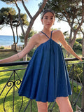 YESMYTOOL  -  Sexy Blue Pleated Halter Mini Dress Fashion Backless Sleeveless Loose A-line Dresses 2024 Summer Lady Chic Beach Vacation Robes