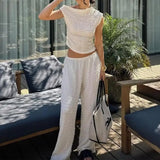 YESMYTOOL  -   Woman Knitted Wide Leg Pants Set Asymmetric Textured Crop Tops Spring Summer Solid Casual Commuting Suits 2024 Fashion Lady Wear