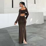 YESMYTOOL  -   Fashion Off Shoulder Ruched Dress Sets Autumn Vacation Beachwear Matching Sets Sexy Split Two Piece Sets Outfits