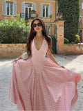 YESMYTOOL  -  Fashion Pink Plaid Print Halter Dress Women Sexy V-neck Off Shoulder Pleated A-line Dresses 2024 High Street Vacation Vestido