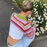 YESMYTOOL -  Fall Outfits 2024 Color Striped Cropped Sweater Women Spring Autumn O Neck Long Sleeve Jumper Tops 2024 New Streetwear Fashion Knitted Cover-ups