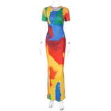 YESMYTOOL  -  2024 Summer Fall Women Rainbow Color Printed Casual Dress Casual Elegant Female O-neck Short Sleeve Tie Dye Long Office Dresses