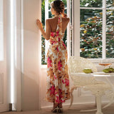 YESMYTOOL  -  Women Elegant Halter Neck Floral Print Spring Summer Slim Casual Party Long Dress