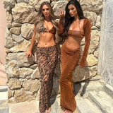 YESMYTOOL  -  Leopard Lace-Up 3 Peice Matching Suit Women 2024 Summer Long Sleeve Bikini Crop Tops And Patchwork Skirt Swimwear Bikini