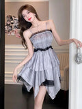 YESMYTOOL  -  Retro Gray Patchwork Elegant Ruffles Slip Short Dress Women Summer Holiday Fashion Summer Irregular Pleated Mini Dress 2024 New